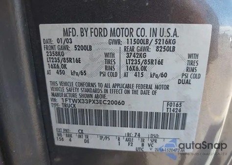 2003 Ford F350 Super Duty z USA, uszkodzony, nr VIN 1FTWX33PX3EC20060